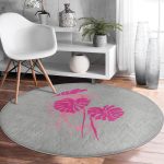 - RealHomes Dijital Baskılı Kaymaz Tabanlı Comfort Yuvarlak Halı - Realhomes  Fuşya Palmiye Yaprak Dijital Baskılı Pembe Salon ve Oturma Odası Yıkanabilir Kaymaz Tabanlı Yuvarlak Halı Realhomes