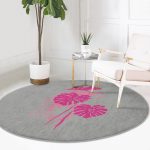- RealHomes Dijital Baskılı Kaymaz Tabanlı Comfort Yuvarlak Halı - Realhomes  Fuşya Palmiye Yaprak Dijital Baskılı Pembe Salon ve Oturma Odası Yıkanabilir Kaymaz Tabanlı Yuvarlak Halı Realhomes