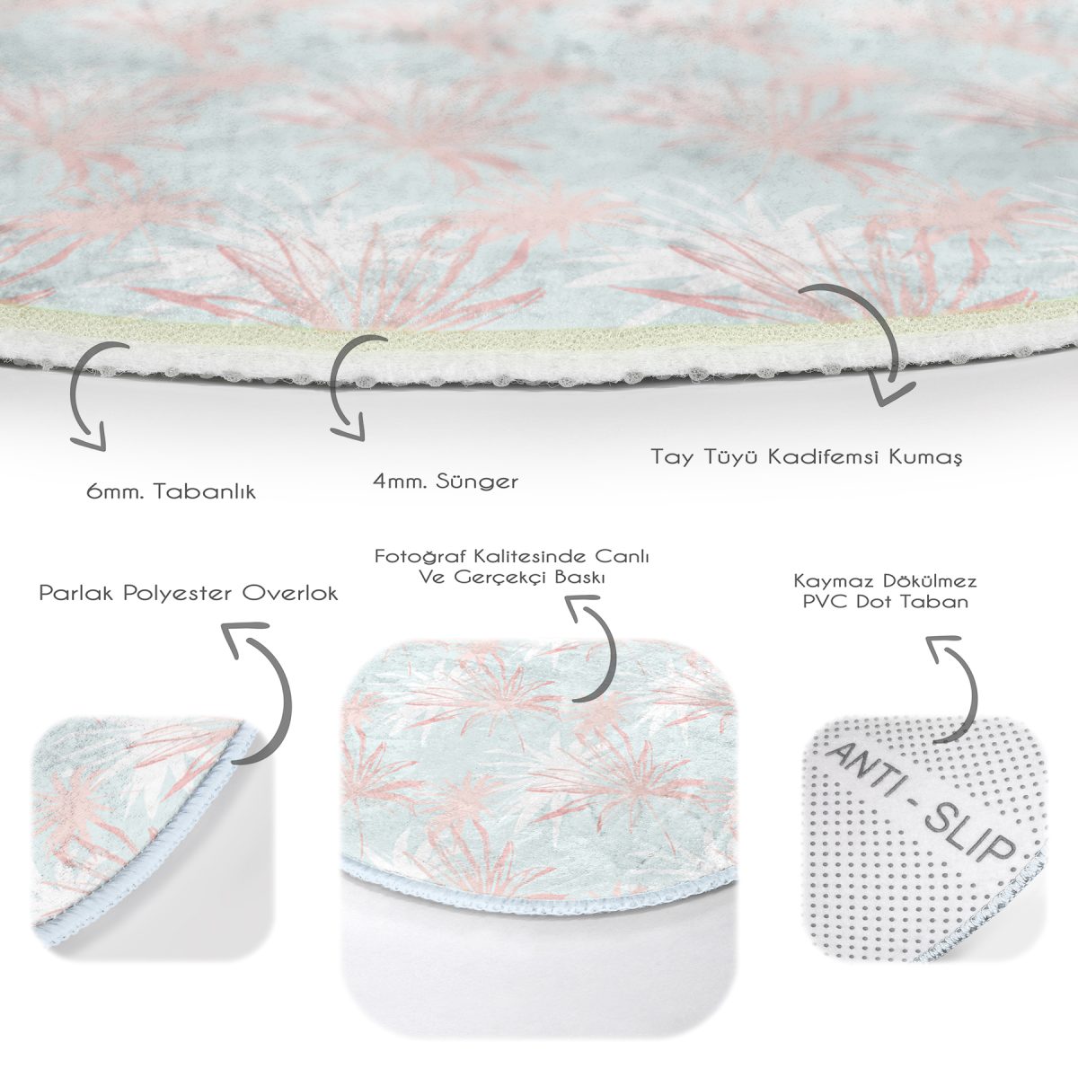 Realhomes Renkli Zeminde Beyaz Ve Pembe Yaprak Motifli Mutfak Yıkanabilir Kaymaz Tabanlı Yuvarlak Halı Realhomes