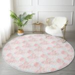 - RealHomes Dijital Baskılı Kaymaz Tabanlı Comfort Yuvarlak Halı - Realhomes  Renkli Zeminde Tropikal Pembe Beyaz Yaprak Desenli Koridor ve Antre Yıkanabilir Kaymaz Tabanlı Yuvarlak Halı Realhomes