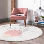Realhomes Gri Zeminde Karakalem Yaprak Çizimli Modern Pembe Mutfak Yıkanabilir Kaymaz Tabanlı Yuvarlak Halı Realhomes