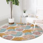 - RealHomes Dijital Baskılı Kaymaz Tabanlı Comfort Yuvarlak Halı - Realhomes  Mavi Ve Kahverengi Puantiye Zeminli Karakalem Çizim Çiçek Motifli Renkli Salon ve Oturma Odası Kaymaz Tabanlı Yuvarlak Halı Realhomes