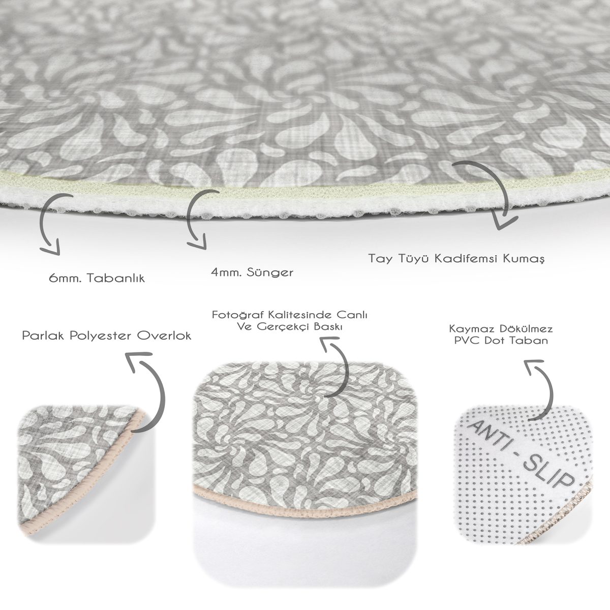 Kot Zeminde Su Damlası Desenli Özel Tasarım Gri Salon ve Oturma Odası Yıkanabilir Kaymaz Tabanlı Yuvarlak Halı Realhomes