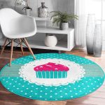 Cup Cake Desenli Dijital Baskılı Turkuaz Çocuk ve Genç Odası Yıkanabilir Kaymaz Tabanlı Yuvarlak Halı Realhomes