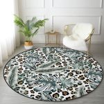 - RealHomes Dijital Baskılı Kaymaz Tabanlı Comfort Yuvarlak Halı - Realhomes Leopar Zeminde Gümüş Tropik Yapraklar Dijital Baskılı Renkli Outdoor Yıkanabilir Kaymaz Tabanlı Yuvarlak Halı Realhomes
