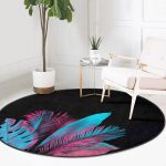 - RealHomes Dijital Baskılı Kaymaz Tabanlı Comfort Yuvarlak Halı - Realhomes  Siyah Zeminli Tropik Yapraklı Özel Tasarım Modern Salon ve Oturma Odası Yıkanabilir Kaymaz Tabanlı Yuvarlak Halı Realhomes