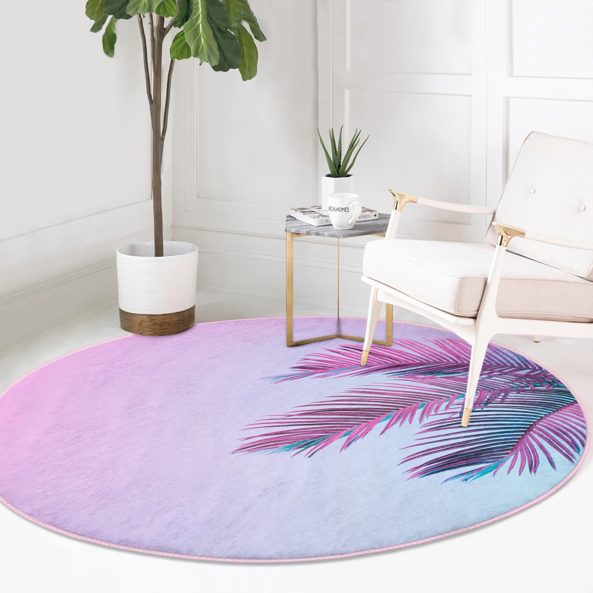 Toz Mavisi Zeminli Tropik Yapraklı Özel Tasarım Modern Pembe Salon ve Oturma Odası Yıkanabilir Kaymaz Tabanlı Yuvarlak Halı Realhomes
