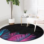 - RealHomes Dijital Baskılı Kaymaz Tabanlı Comfort Yuvarlak Halı - Realhomes  Siyah Zeminli Tropik Yapraklı Özel Tasarım Salon ve Oturma Odası Yıkanabilir Kaymaz Tabanlı Yuvarlak Halı Realhomes