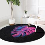 - RealHomes Dijital Baskılı Kaymaz Tabanlı Comfort Yuvarlak Halı - Realhomes  Siyah Zeminli Tropik Yapraklı Modern Salon ve Oturma Odası Yıkanabilir Kaymaz Tabanlı Yuvarlak Halı Realhomes