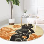 - RealHomes Dijital Baskılı Kaymaz Tabanlı Comfort Yuvarlak Halı - Realhomes Başında Vazo Taşıyan Etnik Afrika Desenli Modern Turuncu Outdoor Yıkanabilir Kaymaz Tabanlı Yuvarlak Halı Realhomes