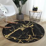- RealHomes Dijital Baskılı Kaymaz Tabanlı Comfort Yuvarlak Halı - Realhomes  Koyu Zeminde Altın Rengi Mermer Desenli Dijital Baskılı Siyah Salon ve Oturma Odası Yıkanabilir Kaymaz Tabanlı Yuvarlak Halı Realhomes