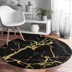 - RealHomes Dijital Baskılı Kaymaz Tabanlı Comfort Yuvarlak Halı - Realhomes  Koyu Zeminde Altın Rengi Mermer Desenli Dijital Baskılı Siyah Salon ve Oturma Odası Yıkanabilir Kaymaz Tabanlı Yuvarlak Halı Realhomes