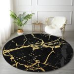 - RealHomes Dijital Baskılı Kaymaz Tabanlı Comfort Yuvarlak Halı - Realhomes  Koyu Zeminde Altın Rengi Mermer Desenli Dijital Baskılı Siyah Salon ve Oturma Odası Yıkanabilir Kaymaz Tabanlı Yuvarlak Halı Realhomes