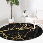 - RealHomes Dijital Baskılı Kaymaz Tabanlı Comfort Yuvarlak Halı - Realhomes  Koyu Zeminde Altın Rengi Mermer Desenli Dijital Baskılı Siyah Salon ve Oturma Odası Yıkanabilir Kaymaz Tabanlı Yuvarlak Halı Realhomes