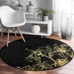 - RealHomes Dijital Baskılı Kaymaz Tabanlı Comfort Yuvarlak Halı - Realhomes  Koyu Zeminde Altın Rengi Çerçeveli Dijital Baskılı Siyah Salon ve Oturma Odası Yıkanabilir Kaymaz Tabanlı Yuvarlak Halı Realhomes