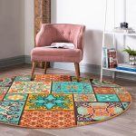 Etnik Kareli Motif Özel Tasarım Renkli Salon ve Oturma Odası Yıkanabilir Kaymaz Tabanlı Yuvarlak Halı Realhomes