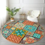 Etnik Kareli Motif Özel Tasarım Renkli Salon ve Oturma Odası Yıkanabilir Kaymaz Tabanlı Yuvarlak Halı Realhomes