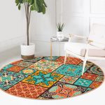 Etnik Kareli Motif Özel Tasarım Renkli Salon ve Oturma Odası Yıkanabilir Kaymaz Tabanlı Yuvarlak Halı Realhomes