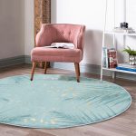 - RealHomes Dijital Baskılı Kaymaz Tabanlı Comfort Yuvarlak Halı - Realhomes  Mavi Zemin Yaprak Tasarım Desenli Dijital Baskılı Turkuaz Salon ve Oturma Odası Yıkanabilir Kaymaz Tabanlı Yuvarlak Halı Realhomes
