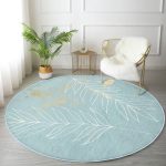 - RealHomes Dijital Baskılı Kaymaz Tabanlı Comfort Yuvarlak Halı - Realhomes  Mavi Simli Zemin Yapraklı Tasarım Desenli Dijital Baskılı Turkuaz Salon ve Oturma Odası Yıkanabilir Kaymaz Tabanlı Yuvarlak Halı Realhomes
