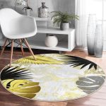 - RealHomes Dijital Baskılı Kaymaz Tabanlı Comfort Yuvarlak Halı - Realhomes  Mermer Zeminli Gold Ve Siyah Yapraklar Dijital Baskılı Modern Salon ve Oturma Odası Yıkanabilir Kaymaz Tabanlı Yuvarlak Halı Realhomes