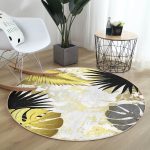 - RealHomes Dijital Baskılı Kaymaz Tabanlı Comfort Yuvarlak Halı - Realhomes  Mermer Zeminli Gold Ve Siyah Yapraklar Dijital Baskılı Modern Salon ve Oturma Odası Yıkanabilir Kaymaz Tabanlı Yuvarlak Halı Realhomes