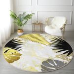 - RealHomes Dijital Baskılı Kaymaz Tabanlı Comfort Yuvarlak Halı - Realhomes  Mermer Zeminli Gold Ve Siyah Yapraklar Dijital Baskılı Modern Salon ve Oturma Odası Yıkanabilir Kaymaz Tabanlı Yuvarlak Halı Realhomes