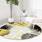 - RealHomes Dijital Baskılı Kaymaz Tabanlı Comfort Yuvarlak Halı - Realhomes  Mermer Zeminli Gold Ve Siyah Yapraklar Dijital Baskılı Modern Salon ve Oturma Odası Yıkanabilir Kaymaz Tabanlı Yuvarlak Halı Realhomes
