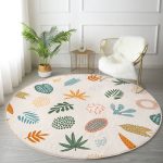 Ekru Zeminli Yaprak Motifler Dijital Baskılı Modern Renkli Salon ve Oturma Odası Yıkanabilir Kaymaz Tabanlı Yuvarlak Halı Realhomes