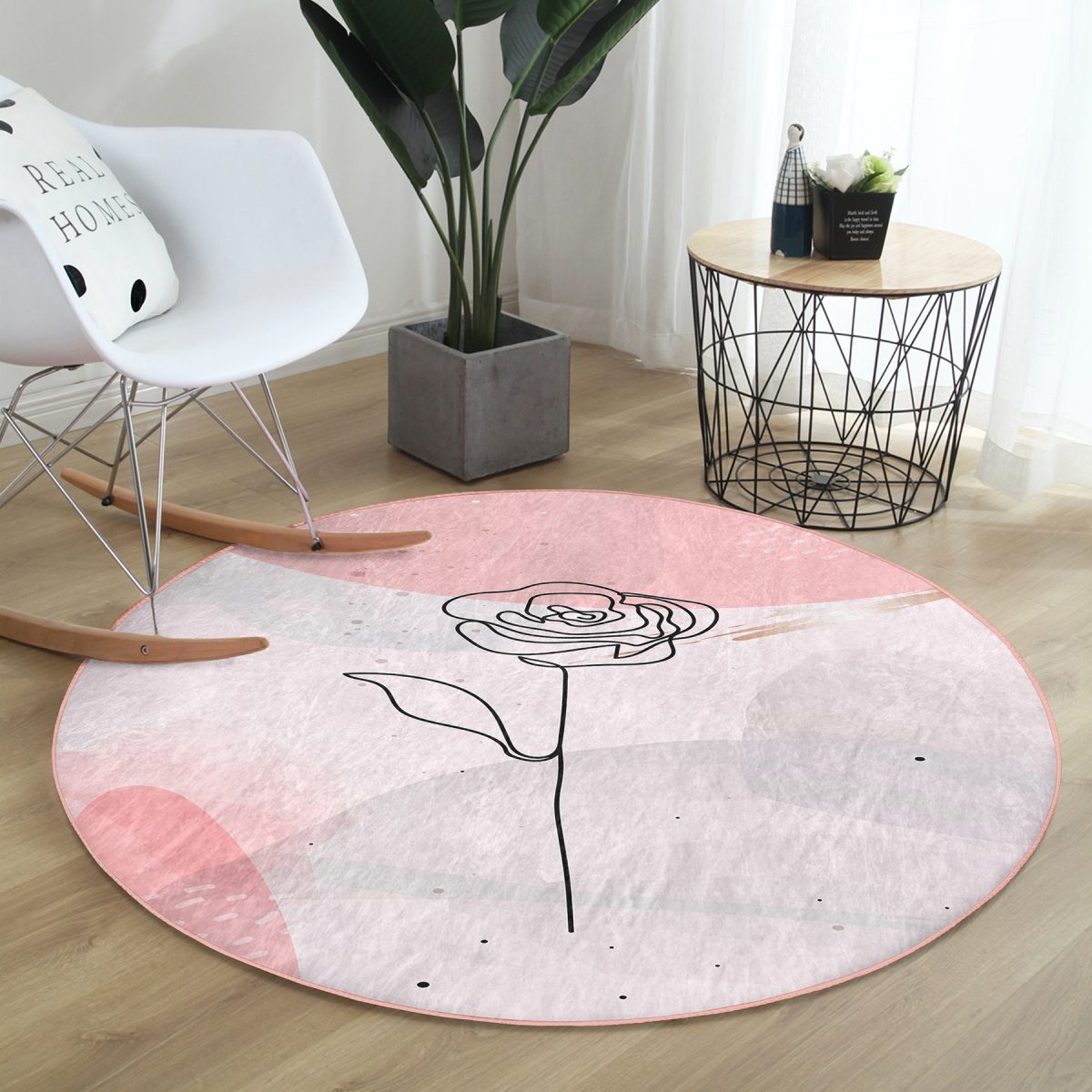 Pastel Renkli Onedraw Gül Resimli Dijital Baskılı Modern Pembe Yatak Odası Yıkanabilir Kaymaz Tabanlı Yuvarlak Halı Realhomes