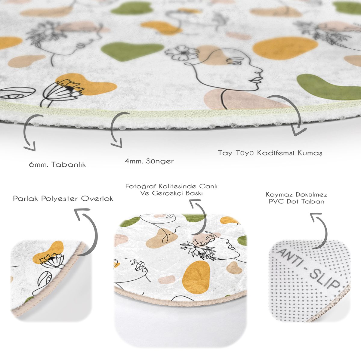 Beyaz Zeminde Bayan Desenli Dijital Baskılı Modern Renkli Mutfak Yıkanabilir Kaymaz Tabanlı Yuvarlak Halı Realhomes