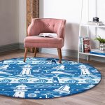 Mavi Beyaz Zeminli Yelken Desenli Dijital Baskılı Modern Lacivert Outdoor Yıkanabilir Kaymaz Tabanlı Yuvarlak Halı Realhomes