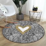 Siyah Onedraw Çizimli Gold Renkli Kalp Desenli Dijital Baskılı Modern Mutfak Yıkanabilir Kaymaz Tabanlı Yuvarlak Halı Realhomes