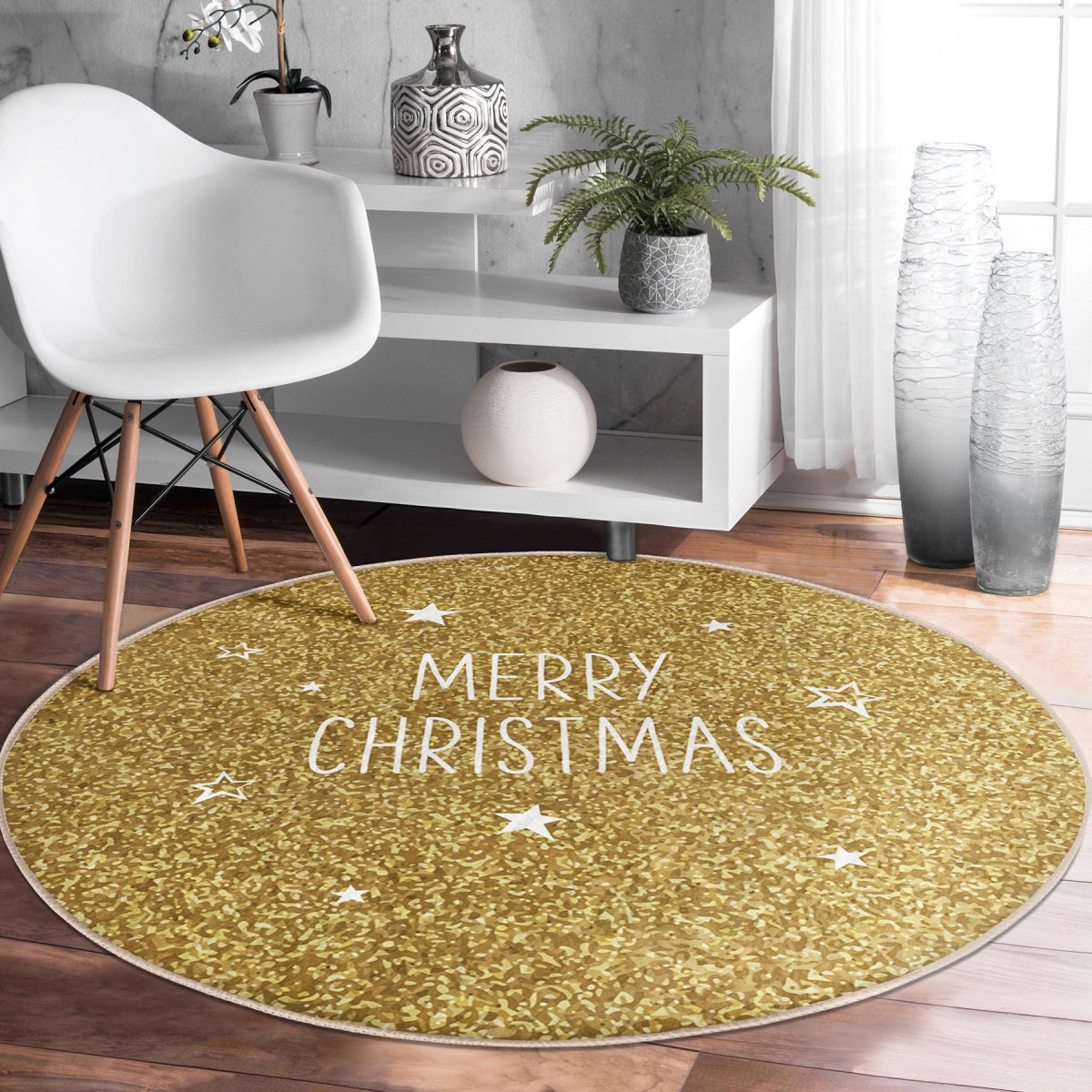 Gold Zeminde Merry Christmas Yazılı Dijital Baskılı Modern Mutfak Yıkanabilir Kaymaz Tabanlı Yuvarlak Halı Realhomes