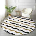 - RealHomes Dijital Baskılı Kaymaz Tabanlı Comfort Yuvarlak Halı - Realhomes  Beyaz Zeminde Gold Ve Siyah Renkli Çizgiler Dijital Baskılı Modern Koridor ve Antre Yıkanabilir Kaymaz Tabanlı Yuvarlak Halı Realhomes