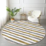 - RealHomes Dijital Baskılı Kaymaz Tabanlı Comfort Yuvarlak Halı - Realhomes  Beyaz Zeminde Gold Ve Siyah Çizgili Dijital Baskılı Modern Koridor ve Antre Yıkanabilir Kaymaz Tabanlı Yuvarlak Halı Realhomes