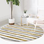 - RealHomes Dijital Baskılı Kaymaz Tabanlı Comfort Yuvarlak Halı - Realhomes  Beyaz Zeminde Gold Ve Siyah Çizgili Dijital Baskılı Modern Koridor ve Antre Yıkanabilir Kaymaz Tabanlı Yuvarlak Halı Realhomes