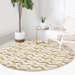 - RealHomes Dijital Baskılı Kaymaz Tabanlı Comfort Yuvarlak Halı - Realhomes  Beyaz Zeminde Gold Çizgili Dijital Baskılı Modern Koridor ve Antre Yıkanabilir Kaymaz Tabanlı Yuvarlak Halı Realhomes