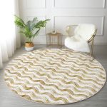 - RealHomes Dijital Baskılı Kaymaz Tabanlı Comfort Yuvarlak Halı - Realhomes  Beyaz Zeminde Gold Çizgili Dijital Baskılı Modern Koridor ve Antre Yıkanabilir Kaymaz Tabanlı Yuvarlak Halı Realhomes