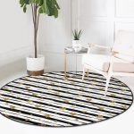 Siyah Beyaz Zeminli Gold Yaprak Desenli Dijital Baskılı Modern Koridor ve Antre Yıkanabilir Kaymaz Tabanlı Yuvarlak Halı Realhomes