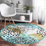 Renkli Zeminde Onedraw Çizimli Dijital Baskılı Modern Turkuaz Banyo Yıkanabilir Kaymaz Tabanlı Yuvarlak Halı Realhomes