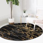 - RealHomes Dijital Baskılı Kaymaz Tabanlı Comfort Yuvarlak Halı - Realhomes  Gri Siyah Zeminde Gold Detaylı Çizim Desenli Dijital Baskılı Modern Salon ve Oturma Odası Kaymaz Tabanlı Yuvarlak Halı Realhomes