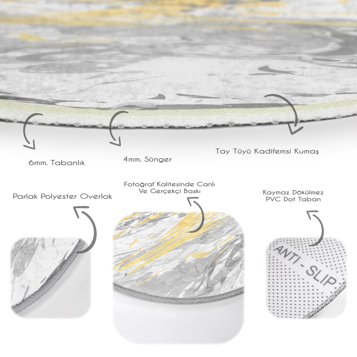 Gri Zeminde Gold Detaylı Soft Çizim Desenli Dijital Baskılı Modern Mutfak Yıkanabilir Kaymaz Tabanlı Yuvarlak Halı Realhomes
