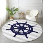 Gri Beyaz Çizgili Çapa Desenli Dijital Baskılı Modern Lacivert Salon ve Oturma Odası Yıkanabilir Kaymaz Tabanlı Yuvarlak Halı Realhomes