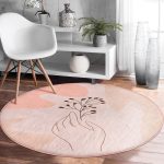 - RealHomes Dijital Baskılı Kaymaz Tabanlı Comfort Yuvarlak Halı - Realhomes  Pudra Zeminde Onedraw Çizimli Yaprak Desenli Dijital Baskılı Modern Turuncu Salon ve Oturma Odası Kaymaz Tabanlı Yuvarlak Halı Realhomes