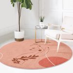 - RealHomes Dijital Baskılı Kaymaz Tabanlı Comfort Yuvarlak Halı - Realhomes  Pudra Zeminde Onedraw Çizimli Yaprak Desenli Dijital Baskılı Modern Turuncu Salon ve Oturma Odası Kaymaz Tabanlı Yuvarlak Halı Realhomes