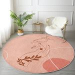 - RealHomes Dijital Baskılı Kaymaz Tabanlı Comfort Yuvarlak Halı - Realhomes  Pudra Zeminde Onedraw Çizimli Yaprak Desenli Dijital Baskılı Modern Turuncu Salon ve Oturma Odası Kaymaz Tabanlı Yuvarlak Halı Realhomes