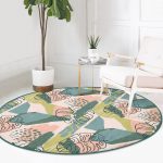 - RealHomes Dijital Baskılı Kaymaz Tabanlı Comfort Yuvarlak Halı - Realhomes  Pudra Zeminde Soyut Çizim Detaylı Dijital Baskılı Modern Yeşil Outdoor Yıkanabilir Kaymaz Tabanlı Yuvarlak Halı Realhomes