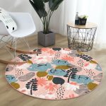 Pudra Zeminde Onedraw Çizimli Yaprak Desenli Dijital Baskılı Modern Pembe Outdoor Yıkanabilir Kaymaz Tabanlı Yuvarlak Halı Realhomes