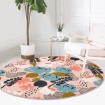 Pudra Zeminde Onedraw Çizimli Yaprak Desenli Dijital Baskılı Modern Pembe Outdoor Yıkanabilir Kaymaz Tabanlı Yuvarlak Halı Realhomes